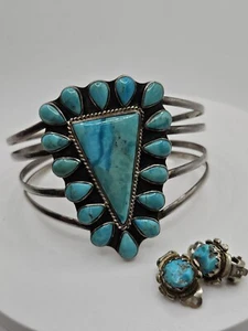Vtg Native American Turquoise Cuff Sterling Silver Bracelet & Earrings Zuni AA - Picture 1 of 6