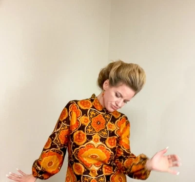 VTG 60s 70s Psychedelic Mod Mini Dress • Orange Brown Medallion Mock Neck - Image 1 of 4