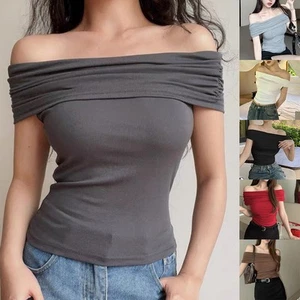 Fashionable Off Shoulder T Shirt for Women with Short Sleeves and Retro Style - Picture 1 of 15