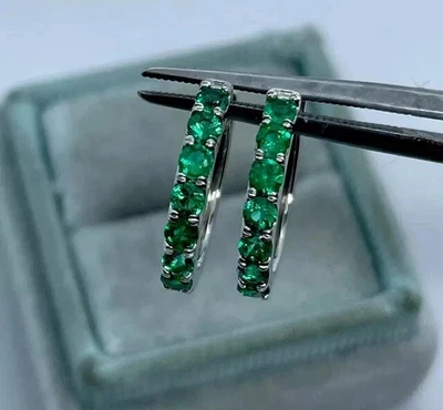 2Ct Round Cut Lab-Created Emerald Huggie Hoop Earrings 14K White Gold Plated - Image 1 of 4