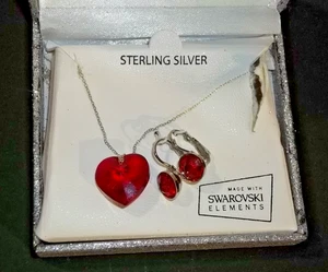Pendientes Swarovski Elementos Rojo Rubí Corazón Collar Plata de Ley - Imagen 1 de 2