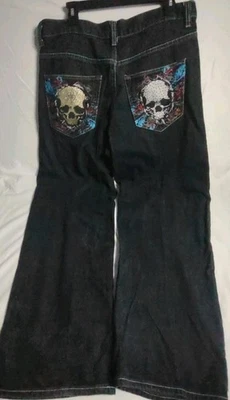Pantalones de mezclilla Avirex para hombre 36x32 negros bolsillos rectos holgados Y2K calavera bordada Foto 1 de 4