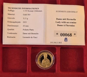 Goldprägung, 20 mm, 3,11 g Gold 585, "Dame mit Hermelin / Leonardo da Vinci" - Bild 1 von 3