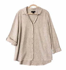 Tahari Gauzy Striped Button Up Tunic Top Linen Blend Roll Tab Women’s Plus Sz 2X - Picture 1 of 8