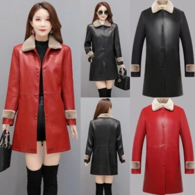 Women Faux Leather PU Jackets Coats Mid-length Fleece Lined Thick Oversized - Image 1 of 4