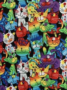 Robert Kaufman Baffi e Code Gatti Multicolore su Nero 1/4 iarda 100% Cotone - Foto 1 di 6