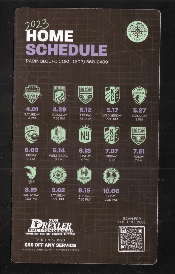 赛车路易斯维尔 FC 2023 磁铁时间表汤姆·德雷克斯勒管道 NWSL — 第 1/1 张图片