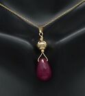 14K Solid Yellow Gold Briolette Natural ruby & 6mm 14k Gold Beads Stick Pendant 