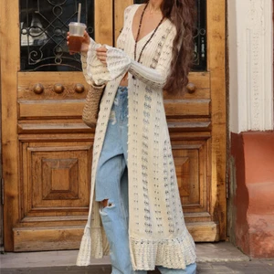 Women Vacation Hollow Out Flared Sleeve Knitted Maxi Long Cardigan V Neck Coat - Picture 1 of 21