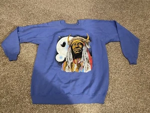 Vintage Hanes Her Way 90s Blue Native American Double Sided XXL Crewneck USA - Picture 1 of 7