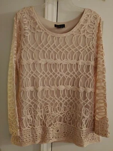 WEAVZ Mesh & Ribbon Overlay Ladies Top w/Sheer Long Sleeves L Large Ecru ~Lovely - Picture 1 of 9