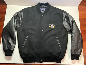 LA Loving Jacket Zig Zag Mens L Black Wool Leather Varsity Coat Pockets Snap - Picture 1 of 7