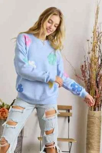 ADORA LA FLOWER POPPED SWEATER TOP LT BLUE SIZE LARGE BRAND NEW SPRING 2024 - Picture 1 of 3