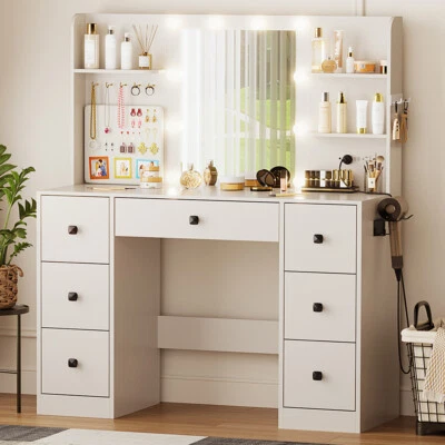 Makeup Vanity Desk Dressing Table 10 LED Lighted Mirror w/ Power Outlet Hooks - Image 1 of 4