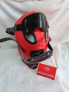 Bondage hood faux LEATHER Red & Black, Lockable 3 padlocks, BDSM, Gimp, SM Slave - Picture 1 of 8