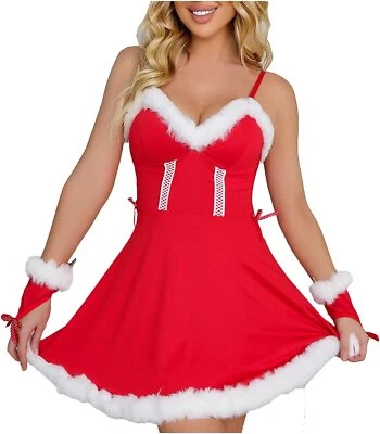 XMAS Women Sexy Lingerie Red Santa Babydoll Lace Sleepwear Costume Underwear Set - Image 1 of 4