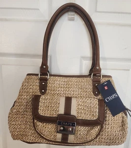 New Straw & Brown Vegan Leather Shoulder Bag Purse Satchel Handbag 14" Chaps - Picture 1 of 12