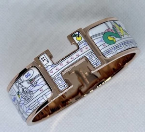 HERMES Mystere Au 24 White Enamel WIDE H Clic Bracelet 17cm PM Birkin - Picture 1 of 5