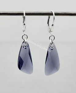 Handmade Sterling Silver Swarovski Crystal Tanzanite Wing Earrings Leverback - Picture 1 of 2
