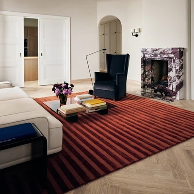 Modern Red Striped Wool Rug 9x12 Handmade | Hand-Tufted Living Room Area Rug - Image 1 of 4