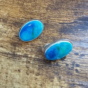 Orecchini clip on vintage anni 60 forma ovale blu verde nautico - Foto 1 di 4