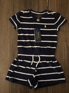 Girls Size 2T POLO RALPH LAUREN Short Sleeve Navy Striped Terry Romper BRAND NEW - Picture 1 of 5