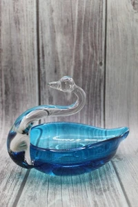 Vintage Kreiss Corp Blau Kunst Glas Schwan Süßigkeiten Nuss Schmuck Schale MCM 51/4" - Bild 1 von 6