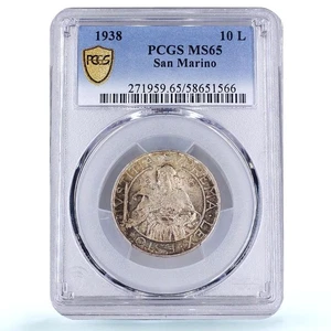 Moneda de plata 1938 San Marino 10 liras República Santa Ágata KM-10 MS 65 PCGS - Imagen 1 de 4