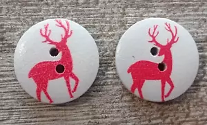 2 Red Reindeer Christmas Sewing Buttons Crafting Round Wood 2 Hole 3/4" - Picture 1 of 2