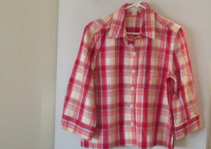 CHRISTOPHER & BANKS LADIES RED PLAID BUTTON DOWN SHIRT, 3/4 SLEEVE- SIZE L-NWOT - Picture 1 of 3