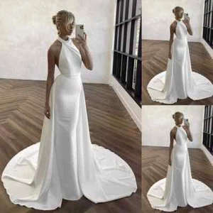 Off Shoulder Wedding Dresses Backless Halter Detachable Sweep Train Mermaid - Picture 1 of 10