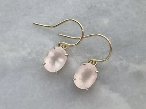 Beautiful Solid 9ct Yellow Gold Drop Dangle Earrings 3.6ct Oval Cut Rose Quartz - Picture 1 of 8