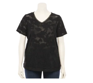 EVRI Floral Textured Tee Plus Size 1X V-Neck Mineral Black NWT - Picture 1 of 8