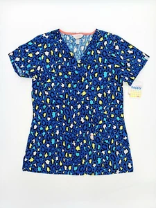 Code Happy Womens Purr-fectly Happy V Neck Scrub Top Blue 46613A XS NWT AB3-5 - Picture 1 of 9