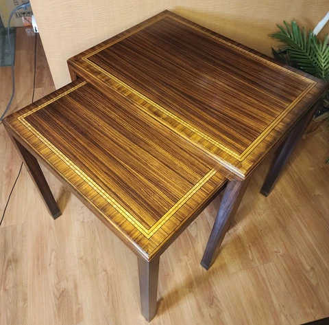 Vintage Maitland-Smith Handmade Nesting Tables, Inlaid Wood Detail, Solid Wood Cover