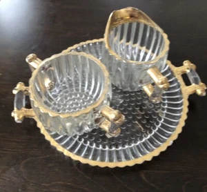 Jeanette Ribbed Glass And Gold National Open Sugar And Creamer Set Vintage 50s - Picture 1 of 6