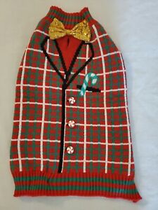 Holiday Time Ugly Christmas Sweater For Dogs Red Plaid -Sequin Bowtie M Pre-own