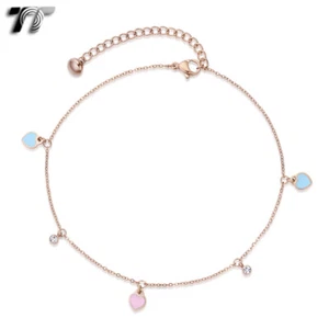TT 9K Rose Gold GP Stainless Steel Heart Chain Anklet With CZ (AN37) NEW - Picture 1 of 1