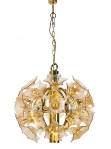 Large SISCHE SIMON & SCHELLE Chandelier Brass Amber Glass Flower 1970s Germany - Picture 1 of 14