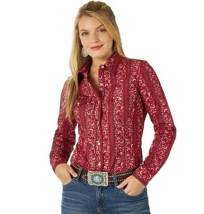 Wrangler Retro Red Floral Pearl Snap Front Western Rodeo Fitted Blouse Sz S - Picture 1 of 5