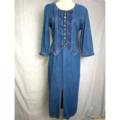 Vintage Nina Piccalino Denim Dress Brocade Front Button Maxi Western Boho 6 - Image 1 of 4