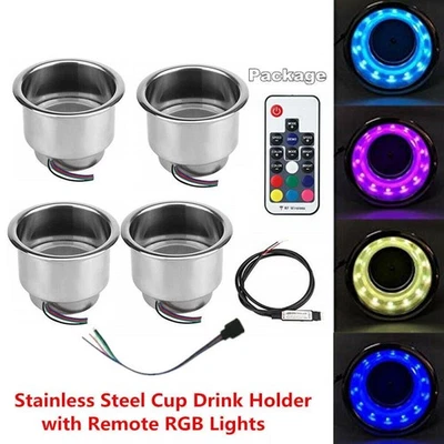4x Stainless Steel Cup Drink Holder 14LED RGB Lights+Remote Car Marine Boat — 第 1/4 张图片