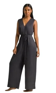 Ettitude Womens Black Bamboo Wide-Leg Sleeveless V-Neck Jumpsuit Belt M pockets - Picture 1 of 10