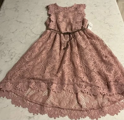 NEW Knitworks Girl’s Size 12 Blush Color Lace High-Low Belt Lined Dress Was $64 - Image 1 of 4