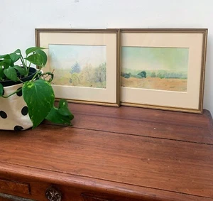 Pair OG Pencil Landscape Drawings Yola Israel Framed Gold VTG Frame '84-'87 - Picture 1 of 10