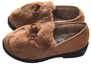 Womens Suede Shearling Moccasin Slippers House Shoes With Fur Slip On Tan 6 - Picture 1 of 2