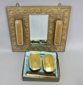 Antique art nouveau mens brass hanging mirror clothes brush vanity set Victorian - Picture 1 of 6