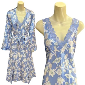 Matching Blue Floral Satin Lace Full Length Nightdress Nightie Wrap Robe 26 28 - Picture 1 of 1