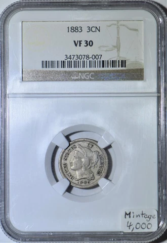 1883 Three Cent Nickel NGC VF-30; Mintage 4,000 Cover