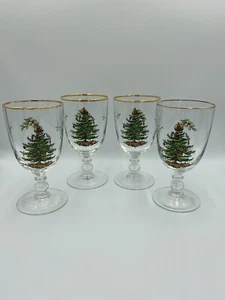 Spode Christmas Tree Pedestal Goblets w/ Gold Rim. Set of 4. - Picture 1 of 4